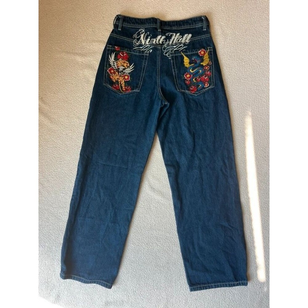Ninth Hall Idle Rinse Straight Leg Dark Wash Jeans Embroidered Tiger Patch 6 - Picture 2 of 8